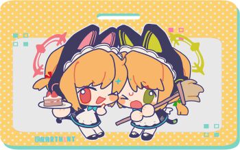 >_o 2girls ;d animal_ear_headphones animal_ears apron artist_name ball_hands black_dress black_shoes blonde_hair blue_archive blue_bow blue_bowtie blush_stickers border borrowed_clothes bow bowtie broom cake cake_slice cat_ear_headphones cat_ears cat_tail chibi chibi_only commentary dress fake_animal_ears fake_tail finger_to_mouth food full_body green_bow green_eyes green_halo hair_bow halo headphones holding holding_broom holding_plate looking_at_viewer maid maid_apron midori_(blue_archive) midori_(maid)_(blue_archive) momoi_(blue_archive) momoi_(maid)_(blue_archive) multiple_girls naatmint number_print official_alternate_costume official_alternate_hairstyle one_eye_closed open_mouth pantyhose pink_halo plate polka_dot polka_dot_background red_bow red_eyes shoes short_hair siblings sisters smile sweatdrop tail transparent_border twins white_apron white_background white_pantyhose yellow_background