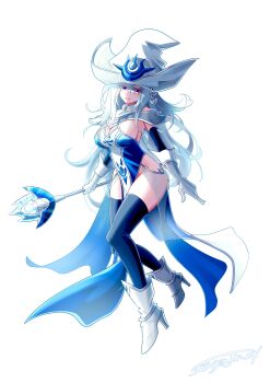 1girl artist_name black_thighhighs blue_dress boots breasts cleavage dress duel_monster full_body gloves hat high_heel_boots high_heels highres holding holding_staff large_breasts long_hair mixed-language_commentary pelvic_curtain sengenjin31 silent_magician silent_magician_(art_works_monsters) smile solo staff thighhighs thighs white_background white_boots white_gloves white_hair witch_hat yu-gi-oh!