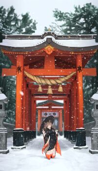 1girl absurdres animal_ears black_kimono blush bow brown_eyes brown_hair commentary_request cyansapphire hair_between_eyes hair_bow highres holding holding_umbrella horse_ears horse_girl horse_tail japanese_clothes kimono long_hair long_sleeves looking_at_viewer multiple_hair_bows one_eye_closed open_mouth outdoors pink_bow purple_bow smart_falcon_(umamusume) smile snow solo stone_lantern tail torii twintails umamusume umbrella v wide_sleeves winter yellow_bow