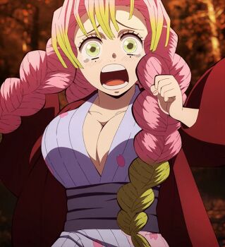 Rule 34 | 1girl, animated, animated png, anime screenshot, blush, bouncing breasts, braid, breasts, cleavage, collarbone, female focus, gradient hair, green eyes, green hair, japanese clothes, kanroji mitsuri, kimetsu no yaiba, kimono, large breasts, long hair, looking at viewer, looping animation, mole, mole under eye, multicolored hair, non-web source, open mouth, pink hair, sash, solo, stitched, tearing up, teeth, third-party edit, twin braids, twintails, two-tone hair, yukata