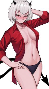 Rule 34 | 1girl, absurdres, arm behind head, black panties, blush, breasts, breasts apart, closed mouth, collared shirt, commission, demon horns, demon tail, hand on own hip, helltaker, highres, horns, ice (10222), malina (helltaker), navel, no bra, one eye closed, open clothes, open shirt, panties, red eyes, red shirt, shirt, short hair, simple background, solo, stomach, tail, underwear, white background, white hair