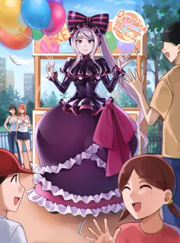 Rule 34 | 3boys, 3girls, absurdres, animegao, balloon, baseball cap, black hair, bow, breast padding, brown eyes, brown hair, capelet, closed eyes, commentary, cosplay, crossdressing, crossdressing (mtf), denim, dress, elisabetlis, english commentary, faceless, faceless female, fang, frilled dress, frills, hair bow, hat, highres, holding, holding balloon, kigurumi, latex shirt, long hair, looking at another, low twintails, multiple boys, multiple girls, orange hair, original, overlord (maruyama), ponytail, purple dress, purple hair, red eyes, shalltear bloodfallen, shalltear bloodfallen (cosplay), shiny clothes, skirt, twintails, very long hair, waving