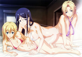 3girls absurdres arm_support barefoot bikini blonde_hair blue_hair breasts covered_erect_nipples feet highres huge_filesize kamimura_akiko kamimura_chika kamimura_haruka large_breasts looking_at_viewer mature_female mother_and_daughter multiple_girls navel official_art scan siblings sisters sisters_~natsu_no_saigo_no_hi~ slingshot_swimsuit strap_gap swimsuit taki_minashika thong thong_bikini toes