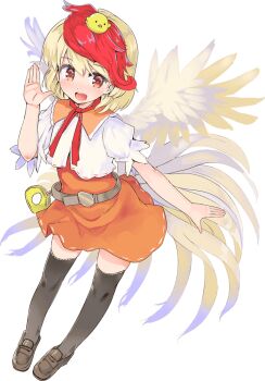 1girl :d animal animal_on_head baby_animal belt bird bird_tail black_thighhighs blonde_hair brown_belt brown_shoes chick feathered_wings full_body game_cg hakurei_frontier_spell_strive hand_up loafers looking_at_viewer miniskirt multicolored_hair niwatari_kutaka official_art on_head open_mouth orange_skirt puffy_short_sleeves puffy_sleeves puuakachan red_eyes red_hair shirt shoes short_hair short_sleeves skirt smile solo tail thighhighs third-party_source touhou transparent_background two-tone_hair white_shirt wings yellow_wings zettai_ryouiki