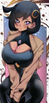 1girl absurdres black_bodysuit blush bodysuit breasts bright_pupils brown_coat cleavage cleavage_cutout closed_mouth clothing_cutout coat dark-skinned_female dark_skin emma_(pokemon) highres kinakomochi_(user_vedc2333) long_sleeves looking_at_viewer nintendo pokemon pokemon_legends:_z-a purple_eyes solo white_pupils