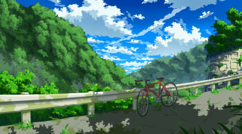 absurdres bicycle blue_sky cloud commentary_request forest guard_rail highres murakoyafactory nature no_humans original overgrown road scenery shadow sky summer