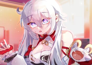 Rule 34 | 1girl, ahoge, bare shoulders, blue eyes, breasts, cleavage, commentary request, cross-shaped pupils, dduehddueh, detached sleeves, dress, highres, honkai (series), honkai impact 3rd, indoors, kiana kaslana, kiana kaslana (ba-dum! fiery wishing star), korean commentary, large breasts, long hair, looking at viewer, open mouth, rice cake (honkai impact), snake, symbol-shaped pupils, very long hair, white dress