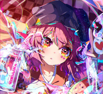 1girl absurdres artist_name blush brown_eyes brown_headscarf brown_kimono collarbone commentary headscarf highres japanese_clothes kimono kiriaina looking_at_viewer mystia_lorelei okamisty open_mouth pink_hair portrait short_hair solo touhou