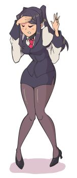 1girl black_hair blush closed_eyes davewaterfalls dress hand_on_own_head high_heels jill_stingray long_sleeves necktie pantyhose short_dress simple_background twintails va-11_hall-a