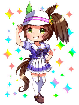 1girl animal_ears blush bow bowtie breasts brown_hair chibi chibi_only collarbone commentary_request ear_covers full_body green_eyes grin highres horse_ears horse_girl horse_tail ines_fujin_(umamusume) long_hair looking_at_viewer medium_breasts open_mouth pleated_skirt puffy_short_sleeves puffy_sleeves purple_bow purple_bowtie purple_shirt sailor_collar sailor_shirt school_uniform shirt shoes short_sleeves side_ponytail single_ear_cover skirt smile solo sugimotty_nova tail teeth thighhighs tracen_school_uniform umamusume visor_cap white_sailor_collar white_skirt white_thighhighs zettai_ryouiki