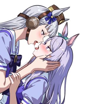 2girls after_kiss animal_ears eye_contact gold_ship_(umamusume) grey_hair hand_on_another&#039;s_face highres holding horse_ears horse_girl looking_at_another mejiro_mcqueen_(umamusume) multiple_girls purple_eyes purple_hair saliva saliva_trail school_uniform tongue tongue_out umamusume urururike white_background yuri