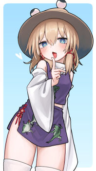 1girl absurdres animal_print blonde_hair blue_background blue_eyes blush breasts brown_hat commentary_request cropped_legs detached_sleeves frog_print hair_ribbon hat heart highres looking_at_viewer moriya_suwako neritch purple_skirt purple_vest red_ribbon ribbon ringed_eyes skirt small_breasts solo thighhighs touhou turtleneck vest white_sleeves white_thighhighs wide_sleeves
