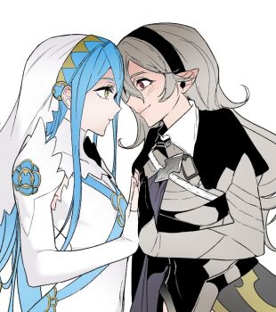 Rule 34 | 2girls, armor, azura (fire emblem), blue hair, breasts, cdgm000, female corrin (fire emblem), fire emblem, fire emblem fates, looking at another, multiple girls, nintendo, palms together, pointy ears, red eyes, small breasts, white hair, yellow eyes, yuri