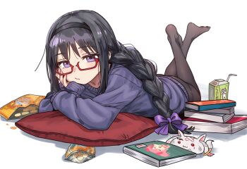1girl absurdres akemi_homura bandaid black_hair black_hairband black_pantyhose book braid chips_(food) crossed_legs drinking_straw ebora food hairband head_rest highres juice_box kaname_madoka kaname_madoka_(magical_girl) kyubey legs_up long_hair looking_at_viewer lying mahou_shoujo_madoka_magica on_stomach pantyhose pillow purple_eyes purple_sweater red-framed_eyewear red_pillow simple_background solo sweater white_background