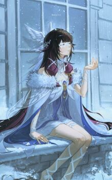 1girl absurdres barefoot black_hair closed_eyes columbina_(genshin_impact) commentary dress english_commentary eye_mask feathered_wings fur_trim genshin_impact head_wings highres long_hair mask multicolored_hair multiple_wings nocetus purple_hair see-through_clothes see-through_mask signature sitting smile snowing solo streaked_hair very_long_hair white_mask white_wings window wings wrist_bow x-shaped_eyewear