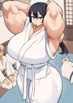 1girl 3boys absurdres adjusting_hair armpits arms_behind_head arms_up beaten belt biceps black_hair blue_belt blue_eyes breasts dojo dougi femdom hair_lift hair_tie hair_tie_in_mouth hands_in_own_hair highres holding holding_hair_tie holding_own_hair huge_breasts injury karate karate_gi lats long_hair looking_at_viewer martial_arts martial_arts_belt mixed-sex_combat mouth_hold multiple_boys musctonk muscular muscular_arms muscular_female original pain ponytail punching reverse_ryona size_difference stomach_punch strong tall_female trembling tying_hair uwagi white_belt wooden_floor