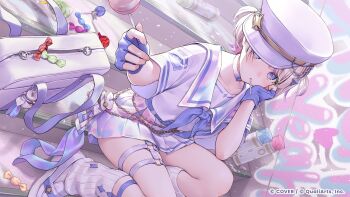 1girl artist_request bag blonde_hair choker commentary_request fingerless_gloves food food_in_mouth gloves hand_up hat highres holding holding_food holding_popsicle hololive hololive_dev_is hololive_dreams looking_at_viewer loose_socks miniskirt multicolored_hair neckerchief o-ring o-ring_thigh_strap official_alternate_costume official_art peaked_cap pleated_skirt popsicle popsicle_in_mouth purple_eyes purple_gloves purple_hair purple_neckerchief ribbed_socks sailor_collar school school_bag school_uniform second-party_source serafuku shirt shoes short_hair sitting sitting_on_stairs skirt socks solo stairs streaked_hair thigh_strap todoroki_hajime two_side_up virtual_youtuber white_choker white_hat white_sailor_collar white_serafuku white_shirt white_shoes white_skirt white_socks
