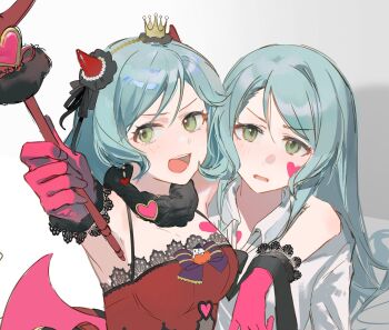 2girls alternate_costume bang_dream! breasts commentary crown dress duany fake_wings gloves green_eyes green_hair highres hikawa_hina hikawa_sayo holding holding_wand long_hair medium_breasts multiple_girls official_alternate_costume open_mouth red_dress red_gloves shirt siblings simple_background sisters symbol-only_commentary teeth upper_body upper_teeth_only wand white_shirt wings
