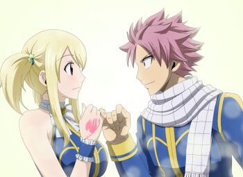 Rule 34 | 1boy, 1girl, bad id, bad pixiv id, blonde hair, bluesnowcat, brown eyes, eye contact, fairy tail, hair ornament, long hair, looking at another, lucy heartfilia, natsu dragneel, pink hair, scarf, short hair, spiked hair, tattoo, twintails, white scarf