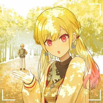 1boy 1girl :d :o ^_^ black_sweater black_sweater_vest blonde_hair breasts brother_and_sister brown_camisole camisole camisole_over_clothes cardigan closed_eyes dappled_sunlight earrings facing_viewer forced_perspective gradient_hair hands_on_own_hips highres jewelry kowareta_sekai_to_utaenai_miku long_hair looking_at_viewer low_twintails medium_breasts multicolored_hair official_alternate_costume official_alternate_hairstyle open_cardigan open_clothes open_mouth outdoors pants pink_eyes pink_hair plaid_camisole project_sekai ribbed_sweater short_hair siblings smile star_(symbol) star_earrings sunlight sweater sweater_vest tenma_saki tenma_tsukasa tsusa179 twintails viewfinder white_cardigan white_pants