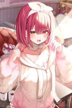 1girl blurry blurry_background breasts cle cleavage commentary_request cowboy_shot earrings heterochromia highres hololive houshou_marine indoors jacket jewelry miyagi_ratona open_mouth red_eyes red_hair short_hair smile solo virtual_youtuber white_jacket yellow_eyes