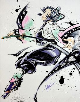 1girl @o_ro_ro_n24 animal_print belt black_hair black_jacket black_pants breasts butterfly_hair_ornament butterfly_print butterfly_print_haori colored_tips demon_slayer_uniform drawing_sword full_body hair_ornament haori highres holding holding_sword holding_weapon ink_wash_painting jacket japanese_clothes katana kimetsu_no_yaiba kochou_shinobu light_smile looking_at_viewer medium_breasts multicolored_hair pants parted_bangs print_haori purple_hair sandals sidelocks solo sumi-e sword tabi updo weapon white_belt