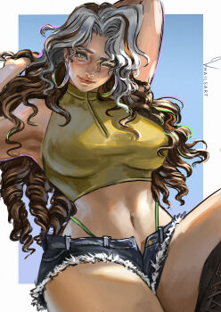 1girl breasts brown_hair colored_bangs highres large_breasts long_hair looking_at_viewer marvel marvel_rivals multicolored_hair navel one_eye_closed rogue_(x-men) shorts simple_background smile solo two-tone_hair whails white_hair x-men