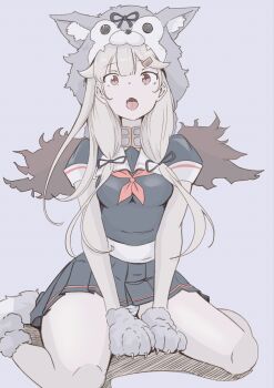 1girl animal_hands black_ribbon black_serafuku black_shirt black_skirt chakoru gloves hair_flaps halloween_costume highres kantai_collection long_hair neckerchief paw_gloves paw_shoes pleated_skirt red_eyes red_neckerchief ribbon sailor_collar sailor_shirt school_uniform serafuku shirt skirt solo tail white_sailor_collar wolf_hood wolf_paws wolf_tail yuudachi_(halloween)_(kancolle) yuudachi_(kancolle) yuudachi_kai_ni_(kancolle)
