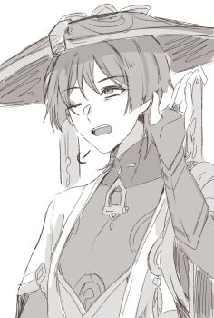 1boy arm_at_side armor blunt_ends bodysuit bridal_gauntlets commentary_request covered_collarbone dlgodls0731 eyelashes feathers genshin_impact greyscale hand_up hat highres japanese_armor japanese_clothes jingasa juban kimono korean_commentary kote looking_up male_focus mandarin_collar middle_ring monochrome one_eye_closed open_clothes open_hand open_kimono open_mouth pom_pom_(clothes) puff_of_air scaramouche_(genshin_impact) short_sleeves sketch solo teeth upper_body upper_teeth_only wanderer_(genshin_impact) white_background wispy_bangs