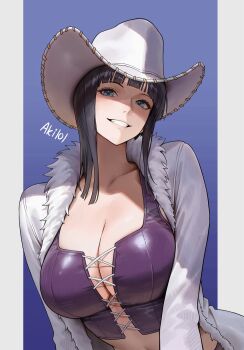 Rule 34 | 1aki 101, 1girl, artist name, black hair, blue eyes, breasts, cleavage, coat, commentary, cowboy hat, cross-laced clothes, cross-laced top, english commentary, grin, hat, highres, large breasts, long hair, looking at viewer, nico robin, one piece, smile, solo, white coat, white hat