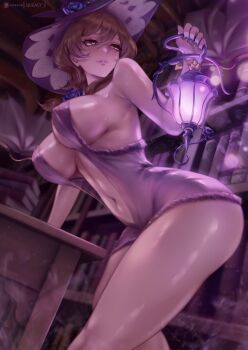 1girl absurdres bare_shoulders bookshelf breasts brown_hair commentary dress flower genshin_impact green_eyes hat hat_flower highres holding holding_lantern lantern large_breasts lisa_(genshin_impact) mixed-language_commentary multilingual_commentary navel parted_lips patreon_logo patreon_username purple_dress queasy_s shiny_skin solo stomach thighs witch_hat