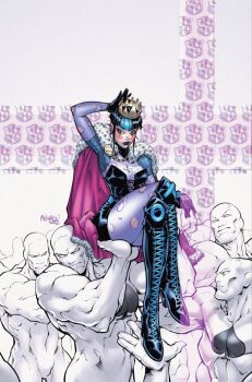 1girl batman_(series) black_dress black_hair blush_stickers boots breasts cape comic_cover commentary crown dc_comics dress ear_piercing english_commentary ermahgerddon eyeshadow gloves green_eyes henchmen highres holding lace-up_boots makeup multicolored_hair piercing punchline_(dc) queen torn_clothes two-tone_hair