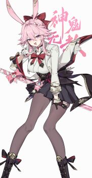 Rule 34 | 1girl, absurdres, animal ears, asymmetrical gloves, awe (adorableduckyy), black gloves, black skirt, bow, bowtie, breasts, evanescia (honkai: star rail), flower, gloves, grey background, grey pantyhose, hair between eyes, hair bow, hair flower, hair ornament, highres, honkai: star rail, honkai (series), jacket, large breasts, leaning forward, long sleeves, looking at viewer, mismatched gloves, open mouth, pantyhose, pink hair, purple eyes, red bow, red bowtie, red pupils, short hair with long locks, simple background, skirt, smile, solo, white flower, white gloves, white jacket