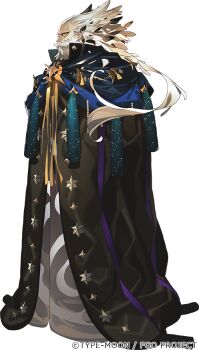 1boy beard black_cloak cloak commentary_request copyright_notice facial_hair fate/grand_order fate_(series) floating_hair from_side full_beard full_body hair_slicked_back long_hair looking_at_viewer male_focus morii_shizuki mustache official_art old old_man ptolemy_(fate) simple_background solo standing transparent_background white_facial_hair white_hair yellow_eyes