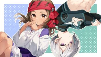 1boy 1girl breasts brown_eyes brown_hair cassado_zeola_whiter closed_mouth crossed_arms dark-skinned_female dark_skin grendizer_u hairband japanese_clothes long_hair long_sleeves looking_at_viewer makiba_hikaru mazinger_(series) midriff official_art open_mouth purple_eyes short_hair ufo_robo_grendizer white_hair wide_sleeves