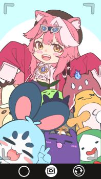 1girl animal_ears beret black_hat black_tube_top bubba_(watson_amelia) cat_ears cat_girl cat_tail chattino_(raora_panthera) goggles goggles_on_head grem_(gigi_murin) hat hololive hololive_english jacket jailbird_(nerissa_ravencroft) long_hair looking_at_viewer multicolored_hair open_mouth otomo_(cecilia_immergreen) pink_hair pink_jacket raora_panthera raora_panthera_(1st_costume) sapling_(ceres_fauna) sleeves_past_fingers sleeves_past_wrists smile solo strapless streaked_hair tail takodachi_(ninomae_ina&#039;nis) takomonty tube_top vest virtual_youtuber white_hair white_vest