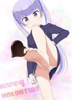 Rule 34 | 1girl, barefoot, between toes, blush, candy, chocolate, chocolate heart, feet, female focus, food, foot focus, formal clothes, from below, hand on own hip, heart, highres, holding with feet, light purple hair, long hair, looking at viewer, new game!, ogyadya, panties, pantyshot, pov, purple eyes, smile, soles, solo, suit, suzukaze aoba, toes, twintails, underwear, upskirt