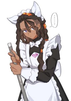 ... 1boy alternate_costume apron beads black_dress bow bowtie broom brown_hair commentary_request crossdressing crossdressing_(mtf) dark-skinned_male dark_skin dreadlocks dress enmaided fingernails frilled_apron frills genkaichan_v hair_beads hair_ornament highres holding holding_broom jitome juliet_sleeves long_hair long_sleeves maid maid_apron maid_headdress male_focus male_maid naveen_(pokemon) nintendo pokemon pokemon_legends:_z-a puffy_sleeves purple_eyes simple_background solo spoken_ellipsis upper_body white_apron white_background white_bow white_bowtie