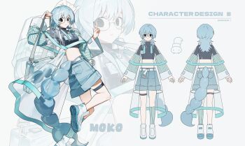 1girl absurdres black_hoodie blue_hair blue_shorts closed_mouth commentary crop_top cropped_hoodie drawstring full_body green_socks highres hood hood_down hoodie looking_at_viewer multiple_views nanagom original shoes short_hair shorts simple_background single_sock socks thigh_strap twitter_username white_background white_shoes