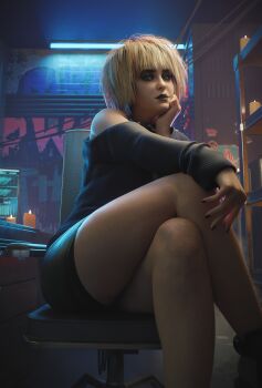 1girl 3d absurdres black_lips black_nails blonde_hair blurry candle chair collar commentary crossed_legs cyberpunk_(series) cyberpunk_2077 depth_of_field desk english_commentary eyeshadow fugtrup green_eyes highres indoors legs lipstick long_sleeves looking_at_viewer makeup misty_olszewski nail_polish off_shoulder office_chair parted_lips protected_link short_hair sitting solo spiked_collar spikes swivel_chair