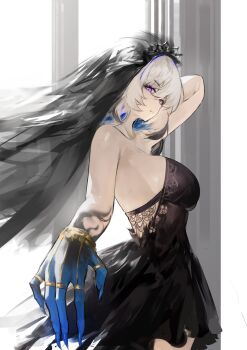 1girl absurdres alternate_costume arm_up bare_shoulders black_dress black_veil blue_nails breasts closed_mouth commentary cowboy_shot dress fingernails from_side galbrena_(wuthering_waves) grey_hair hair_between_eyes highres large_breasts lewdlily66 long_fingernails looking_at_viewer looking_to_the_side nail_polish purple_eyes solo strapless strapless_dress veil wuthering_waves
