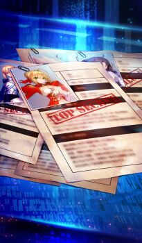 ahoge armor armored_dress artoria_pendragon_(fate) blonde_hair blue_background blue_dress breasts brown_hair commentary dress fate/grand_order fate_(series) lasengle medium_breasts nero_claudius_(fate) nero_claudius_(fate/extra) no_humans official_art paper paperclip photo_(object) red_dress ryougi_shiki saber_(fate) sidelocks siegfried_(fate) small_breasts still_life third-party_source void_shiki white_hair