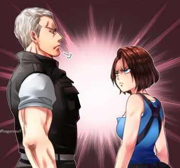 Rule 34 | 1boy, 1girl, artist name, beard stubble, blue eyes, blue shirt, brown hair, bulletproof vest, facial hair, grey hair, jill valentine, nagare, nikolai zinoviev, resident evil, resident evil 3: nemesis, resident evil 3 (remake), serious, shirt, short hair, stubble