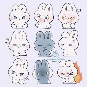 Rule 34 | :<, :d, :i, ^ ^, anger vein, angry, animal, animal focus, ayu (mog), blue eyes, blush, closed eyes, closed mouth, commentary, commentary request, english commentary, fire, mixed-language commentary, no humans, o o, open mouth, original, puff of air, purple background, rabbit, signature, simple background, smile, teardrop, twitter username, v-shaped eyebrows, v-shaped eyes, watermark, yellow eyes