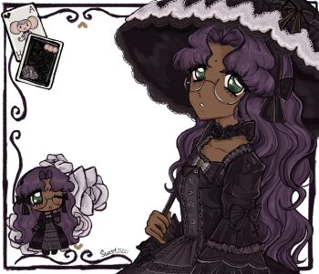 Rule 34 | 1girl, absurdres, alternate costume, bindi, black dress, black flower, black rose, black umbrella, card, center frills, chibi, chibi inset, choker, chu chu (shoujo kakumei utena), dark-skinned female, dark skin, dress, flower, flower choker, frilled dress, frilled umbrella, frills, glasses, gothic lolita, green eyes, hairband, highres, himemiya anthy, holding, holding umbrella, lolita fashion, lolita hairband, long hair, looking at viewer, one eye closed, parasol, parted lips, playing card, purple hair, rose, semi-rimless eyewear, shoujo kakumei utena, solo, sweetziziii, umbrella, white flower, white rose, wide sleeves