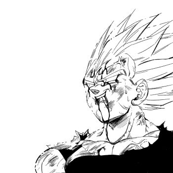 Rule 34 | 1boy, 1rasutotoukou, absurdres, blood, blood on face, bodysuit, commentary request, dragon ball, dragonball z, facial mark, forehead mark, highres, looking up, majin vegeta, male focus, muscular, muscular male, simple background, smile, solo, spiked hair, super saiyan, vegeta, veins, white background