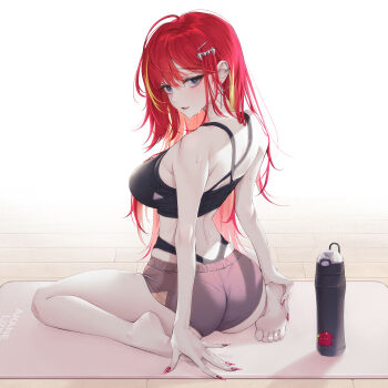 1girl absurdres akane_lize ass bare_shoulders barefoot black_eyes black_panties black_shirt bottle breasts brown_shorts character_name commentary crop_top egen_tee eyelashes fake_nails feet fingernails from_behind hair_ornament hands_on_own_feet highleg highleg_panties highres large_breasts long_fingernails long_hair looking_at_viewer looking_back mat mole mole_on_cheek multicolored_hair on_floor panties parted_lips pienna_(akane_lize) red_hair red_nails red_pupils shirt short_shorts shorts sitting soles solo stellive streaked_hair sweat toes turning_head underwear very_long_hair virtual_youtuber wariza water_bottle wooden_floor