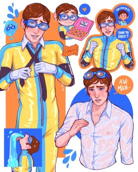 2boys artist_name bloominflowers box chibi closed_mouth commentary dispatch donut english_commentary english_text food goggles goggles_on_head heart highres holding holding_box looking_at_viewer male_focus multiple_boys multiple_views pastry_box robert_robertson shirt smile speech_bubble spoken_heart superhero_costume water waterboy_(dispatch) wet wet_hair white_shirt