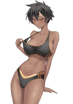 1girl bare_shoulders black_bra black_hair bra breasts cameltoe cleavage collarbone cowboy_shot dark_skin hair_between_eyes highres invisible_table kurobe_natsumi large_breasts leaning_back looking_at_breasts navel sebakanken senpai_ga_uzai_kouhai_no_hanashi short_hair simple_background solo sports_bra sportswear strap_pull sweat underwear white_background yellow_eyes