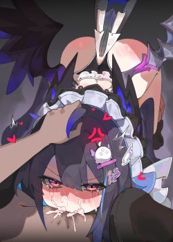 1boy 1girl ahoge anger_vein ass ass_blush bird_tail blush commentary commission crying crying_with_eyes_open cum cum_overflow english_commentary enna_alouette enna_alouette_(maid) fellatio frilled_panties frills glaring hand_on_another&#039;s_head head_wings heart hetero highres irrumatio low_wings maid maid_headdress makeup mewraii mittens nijisanji nijisanji_en nose_blush nose_bubble oral panties purple_eyes purple_hair runny_makeup sticker_on_hair tail tears underwear vgen_commission virtual_youtuber wings